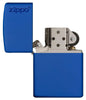 Frontansicht Zippo Feuerzeug Royalblau Matt Basismodel mit Zippo Logo geöffnet