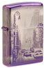 Zippo Feuerzeug Frontansicht ¾ Winkel hochglanz lila mit 360° Abbildung von New York City mit Hochhäusern und amerikanischen Taxis