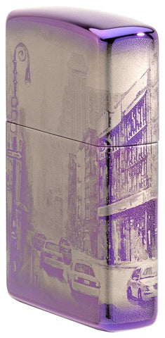 Zippo Feuerzeug Seitenansicht ¾ Winkel hochglanz lila mit 360° Abbildung von New York City mit Hochhäusern und amerikanischen Taxis