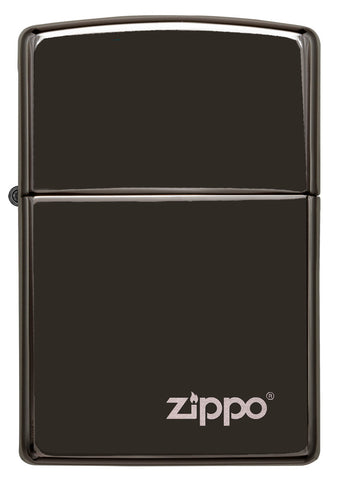Frontansicht Zippo Feuerzeug Basismodell schwarz hochglanz mit Zippo Logo