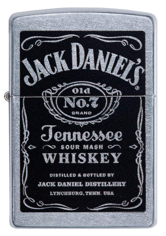 Frontansicht Zippo Feuerzeug chrom mit schwarzem Jack Daniel's Logo