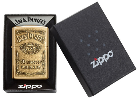 Zippo Feuerzeug Messing Jack Daniel's Logo Emblem in offener Schachtel
