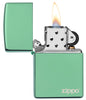 Zippo Feuerzeug Basismodell mit Logo Chameleon Grün poliert geöffnet mit Flamme