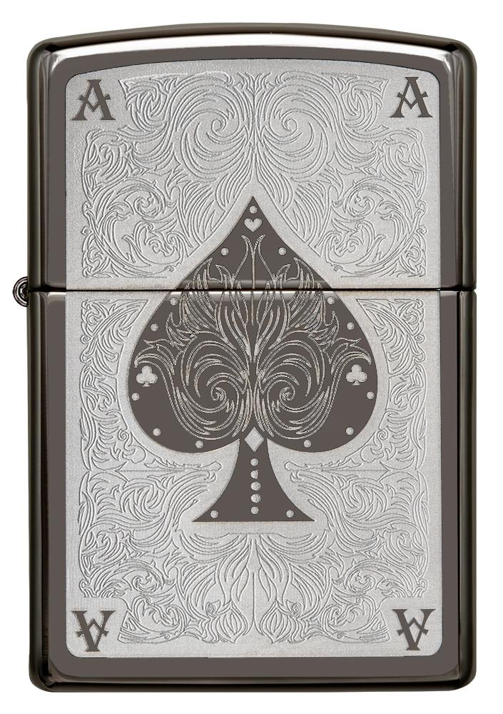 Zippo Feuerzeug Frontansicht mit two tone lasergravierter Pik-Ass Spielkarte mit filigranen Linien in silber
