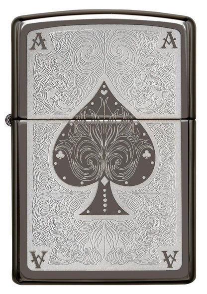 Zippo Feuerzeug Frontansicht mit two tone lasergravierter Pik-Ass Spielkarte mit filigranen Linien in silber