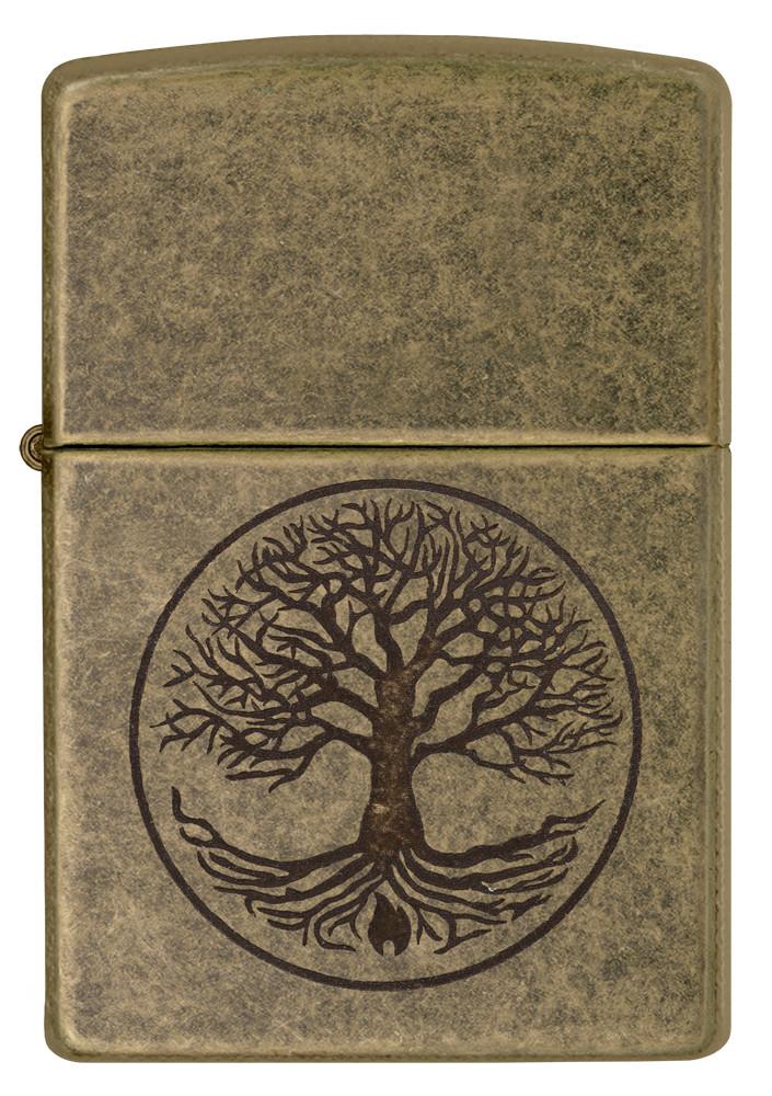 Frontansicht Zippo Feuerzeug antik Messing Baum des Lebens Gravur