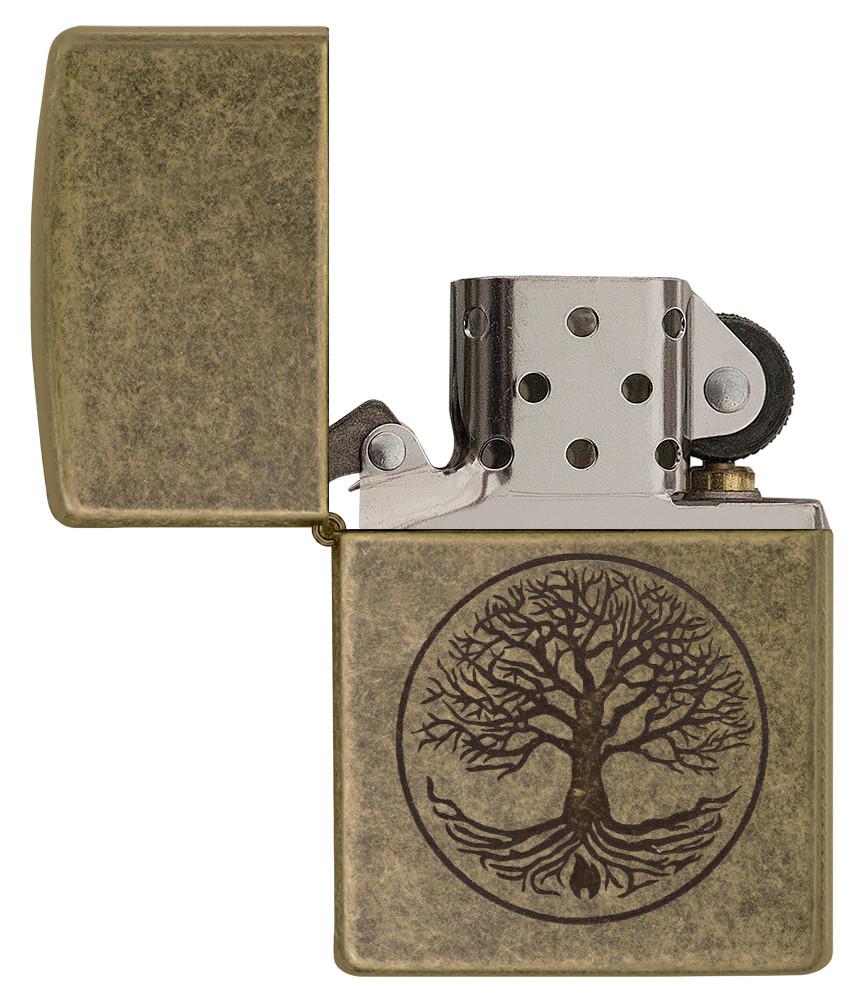 Zippo Feuerzeug antik Messing Baum des Lebens Gravur geöffnet