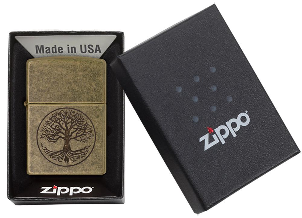 Zippo Feuerzeug antik Messing Baum des Lebens Gravur in offener Box