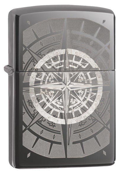 Frontansicht 3/4 Winkel Zippo Feuerzeug Black Ice mit Kompass