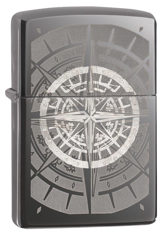 Frontansicht 3/4 Winkel Zippo Feuerzeug Black Ice mit Kompass