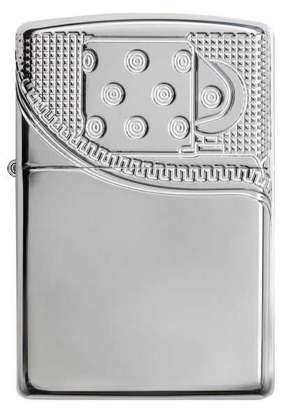 Frontansicht Zippo Feuerzeug chrom Hochglanz tief eingravierter Zippo Feuerzeug Schornstein mit Reißverschluss