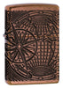 Frontansicht 3/4 Winkel Zippo Feuerzeug Armor Antique Copper Multi Cut mit Weltkarte eingraviert