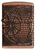 Frontansicht  Zippo Feuerzeug Armor Antique Copper Multi Cut mit Weltkarte eingraviert