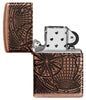 Frontansicht Zippo Feuerzeug Armor Antique Copper Multi Cut mit Weltkarte eingraviert geöffnet