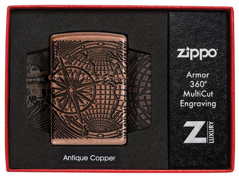 Frontansicht Zippo Feuerzeug Armor Antique Copper Multi Cut mit Weltkarte eingraviert in geöffneter edler Verpackung