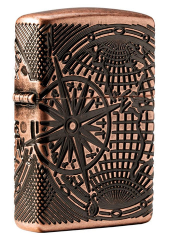 Seitenansicht t Zippo Feuerzeug Armor Antique Copper Multi Cut mit Weltkarte eingraviert