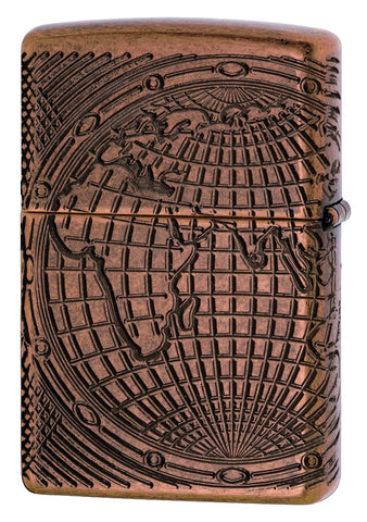 Rückansicht Zippo Feuerzeug Armor Antique Copper Multi Cut mit Weltkarte eingraviert