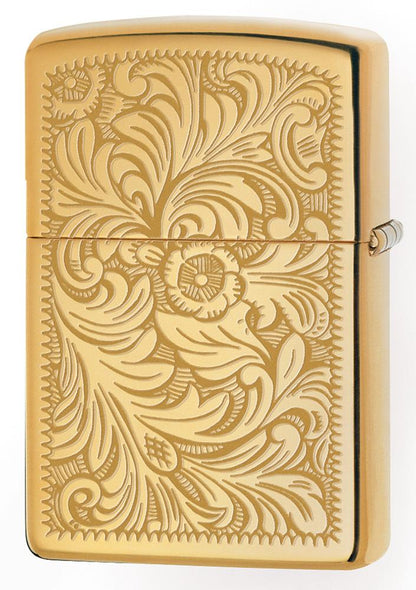 Rückansicht Zippo Feuerzeug High Polish Brass mit venezianischem Design