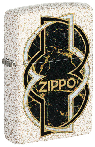 Zippo Feuerzeug Frontansicht ¾ Winkel in weißer Mercury Glass Optik mit schwarz gold marmorierter Form in der Mitte umschlungen von einer weißen und einer schwarzen Linie