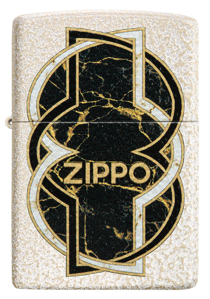 Zippo Feuerzeug Frontansicht in weißer Mercury Glass Optik mit schwarz gold marmorierter Form in der Mitte umschlungen von einer weißen und einer schwarzen Linie