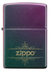 Zippo Feuerzeug Frontansicht Iridescent Matte in grün blau lila mit verschnörkeltem Zippo Logo