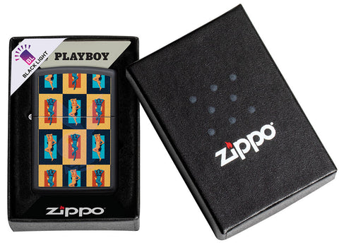 Zippo Feuerzeug Schwarz Matt mit leuchtendem Playboy Hasenkopf und Frauen im Popart Stil in offener Geschenkdose