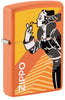 Zippo Feuerzeug Frontansicht ¾ Winkel Orange Matt mit rauchender Windy und Logo