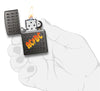 Zippo Feuerzeug Black Ice Frontansicht geöffnet und angezündet mit AC/DC® Logo in orange und kleinen gravierten Blitzen auf schwarzem Hintergrund in stilisierter Hand