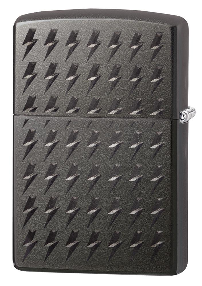 Zippo Feuerzeug Black Ice Rückansicht ¾ Winkel mit kleinen gravierten Blitzen auf schwarzem Hintergrund