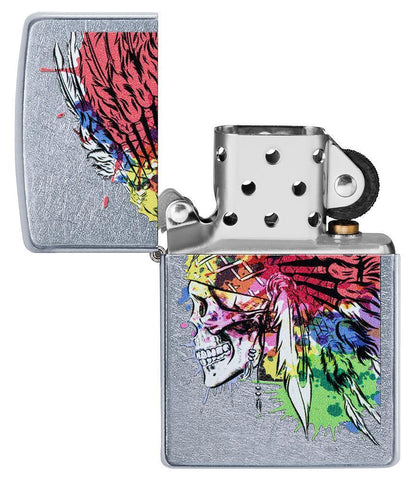 Skull with Headdress Design Street Chrome Windproof Lighter with its lid open and not lit