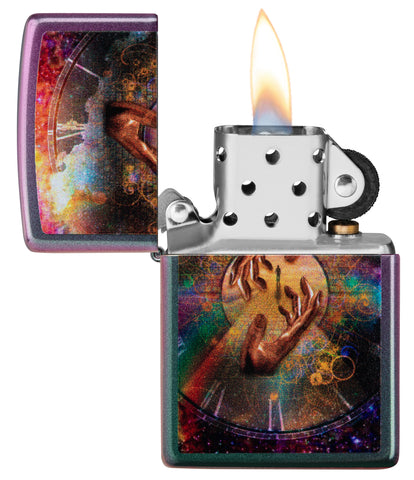 Zippo Feuerzeug lila grün matt Spiritual Journey Zeitreise Online Only geöffnet mit Flamme