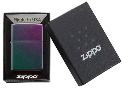 Zippo Feuerzeug Iridescent violett grün in geöffneter Geschenkdose