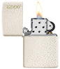 Zippo Feuerzeug Mercury Glass weiß gold gesprenkelt mit Zippo Logo geöffnet mit Flamme