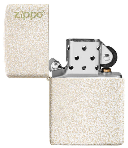 Zippo Feuerzeug Mercury Glass weiß gold gesprenkelt mit Zippo Logo geöffnet ohne Flamme