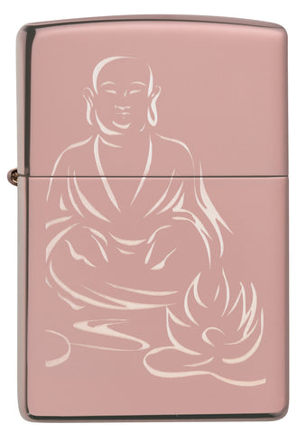 Zippo Feuerzeug Frontansicht Hochglanzpoliertes Roségold mit meditierender Buddha Gravur