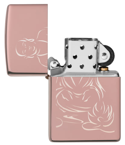 Zippo Feuerzeug Frontansicht Hochglanzpoliertes Roségold geöffnet mit meditierender Buddha Gravur