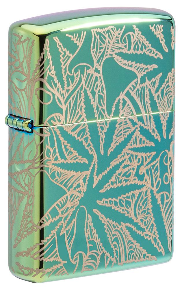 Frontansicht 3/4 Winkel Zippo Feuerzeug 360 Grad Design Hochglanz Grün mit Hanfblättern und Pilzen