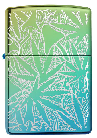 Frontansicht Zippo Feuerzeug 360 Grad Design Hochglanz Grün mit Hanfblättern und Pilzen
