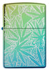 Frontansicht Zippo Feuerzeug 360 Grad Design Hochglanz Grün mit Hanfblättern und Pilzen