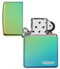 Zippo Feuerzeug Hochglanz grün blau mit Zippo Logo geöffnet ohne Flamme