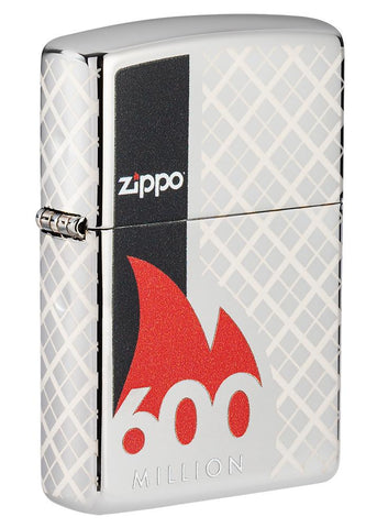 Zippo Feuerzeug 600 Million Frontansicht ¾ Winkel in hochglanzpolierter Chrom Optik mit 360° Laser Gravur mit Feuerzeugnamen umrandet von einer roten Flamme und mit einem seitlichen schwarzen Balken