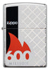 Zippo Feuerzeug 600 Million Frontansicht in hochglanzpolierter Chrom Optik mit 360° Laser Gravur mit Feuerzeugnamen umrandet von einer roten Flamme und mit einem seitlichen schwarzen Balken