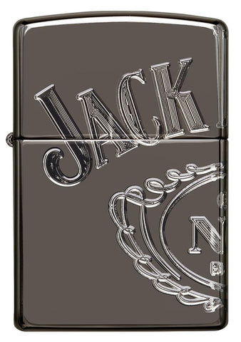 Frontansicht Zippo Feuerzeug grau glänzend mit Jack Daniel's Logo über drei Seiten