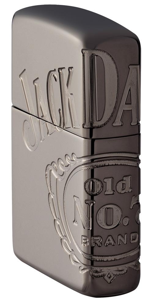 Seitenansicht Front Zippo Feuerzeug grau glänzend mit Jack Daniel's Logo über drei Seiten