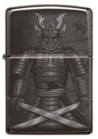 Frontansicht Zippo Feuerzeug Schwarz glänzend mit Krieger der Samurai mit gekreuzten Schwertern