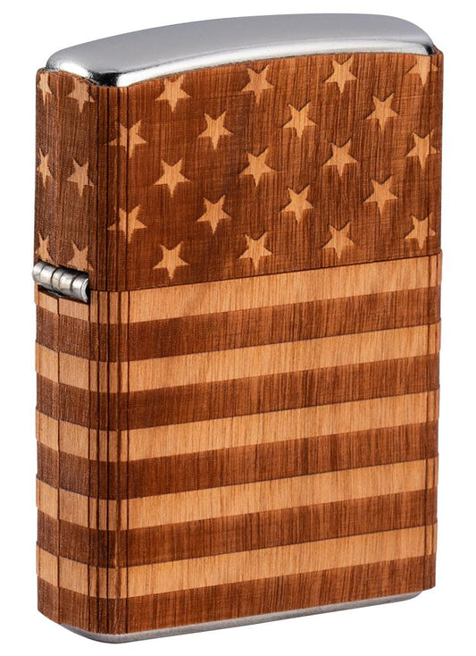 Frontansicht 3/4 Winkel Zippo Feuerzeug chrom Woodchuck american Flag 360°