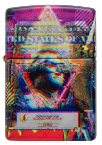 Zippo Feuerzeug Frontansicht weiß matt mit farbiger 540° Abbildung von einem Dollar Schein mit Gesicht von George Washington in Error Muster Optik