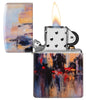 Zippo Feuerzeug Frontansicht weiß matt geöffnet und angezündet mit 540° Abbildung von einer bunten städtischen Skyline im Stil eines Gemälde