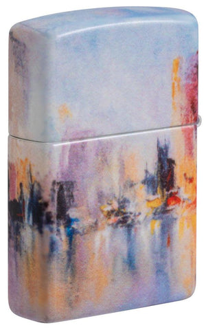 Zippo Feuerzeug Rückansicht ¾ Winkel weiß matt mit 540° Abbildung von einer bunten städtischen Skyline im Stil eines Gemälde