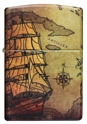 Frontansicht  Zippo Feuerzeug White Matte 540° Color Image mit Piratenlandkarte und Schiff